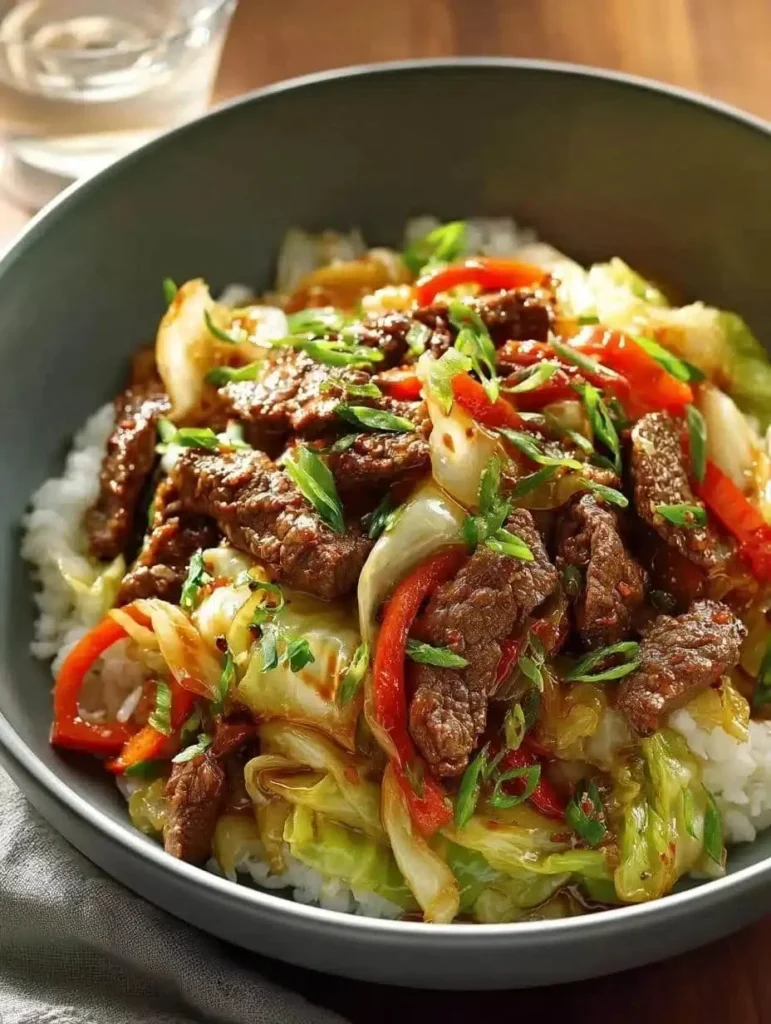 Delicious Beef and Cabbage Stir-Fry in a skillet with vibrant vegetables
