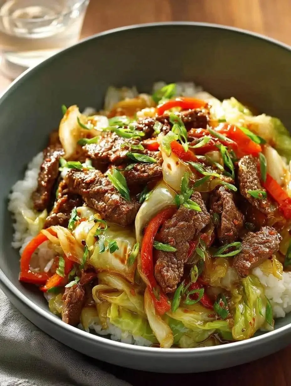 Delicious Beef and Cabbage Stir-Fry in a skillet with vibrant vegetables