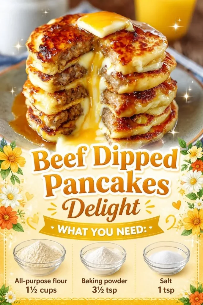 Plate of Beef Dipped Pancakes Delight with savory beef and maple syrup