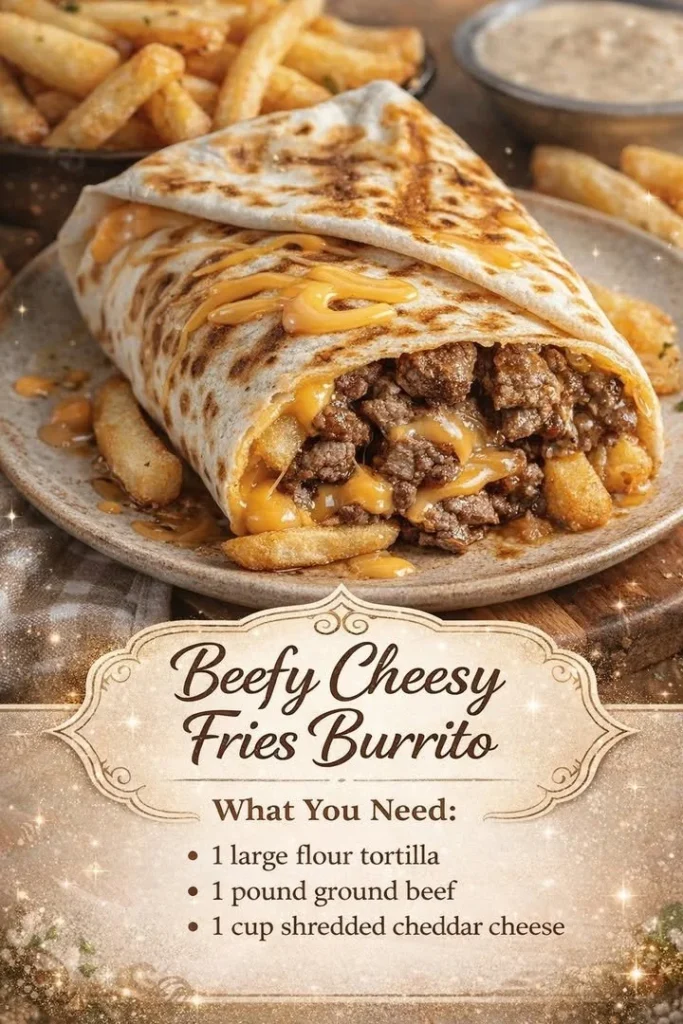 Delicious Beefy Cheesy Fries Burrito with beef, cheese, and crispy fries
