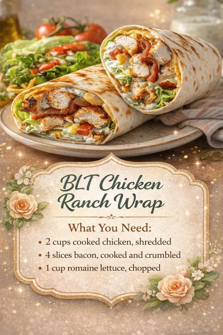 A delicious BLT Chicken Ranch Wrap filled with chicken, lettuce, tomatoes, and ranch sauce.