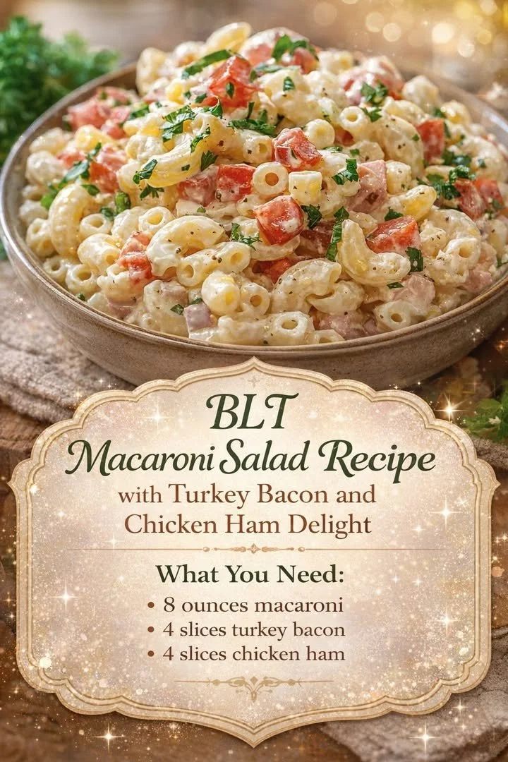 BLT macaroni salad with turkey bacon and chicken ham in a bowl