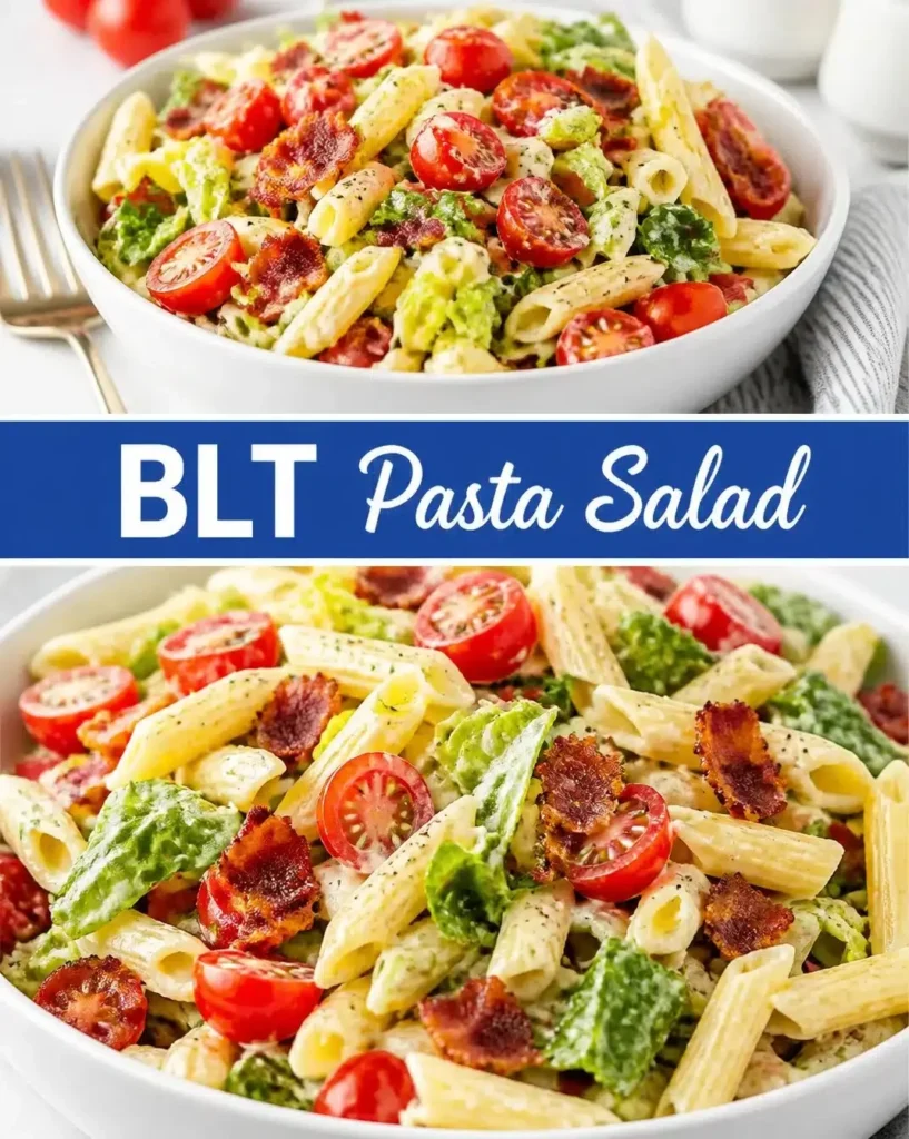 Colorful bowl of BLT Pasta Salad with bacon, lettuce, and tomatoes.