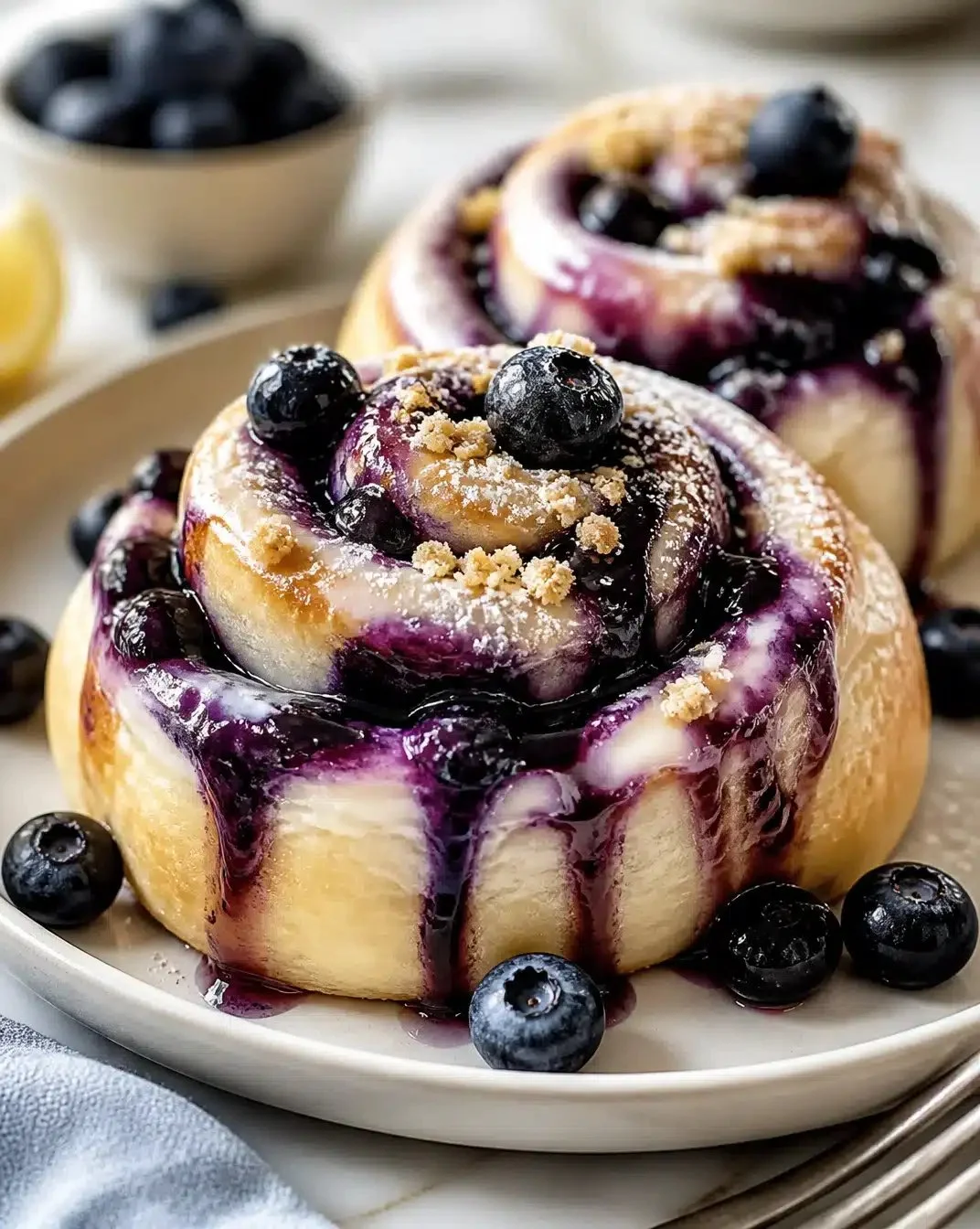 Blueberry cheesecake roll-ups served on a plate with fresh blueberries