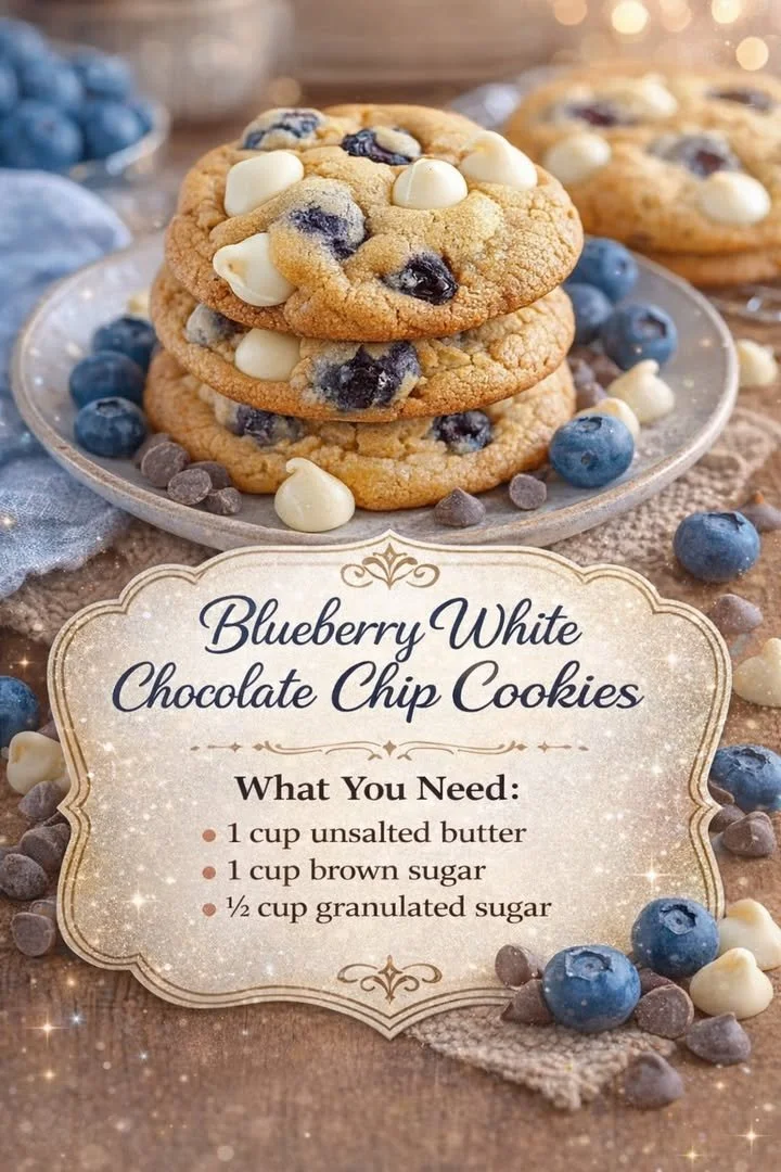 Blueberry White Chocolate Chip Cookies 1 Freshly baked blueberry white chocolate chip cookies on a cooling rack
