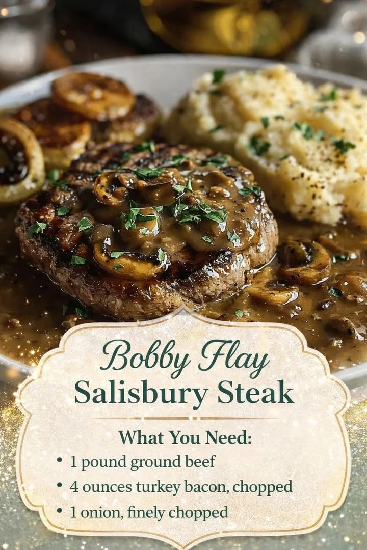 Bobby Flay's delicious Salisbury Steak served with gravy and sides