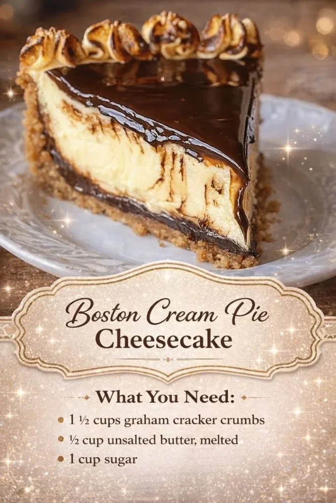 Delicious Boston Cream Pie Cheesecake topped with chocolate and cream