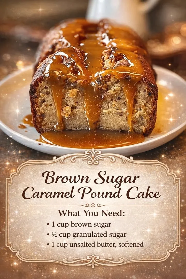 Delicious Brown Sugar Caramel Pound Cake with luscious caramel glaze