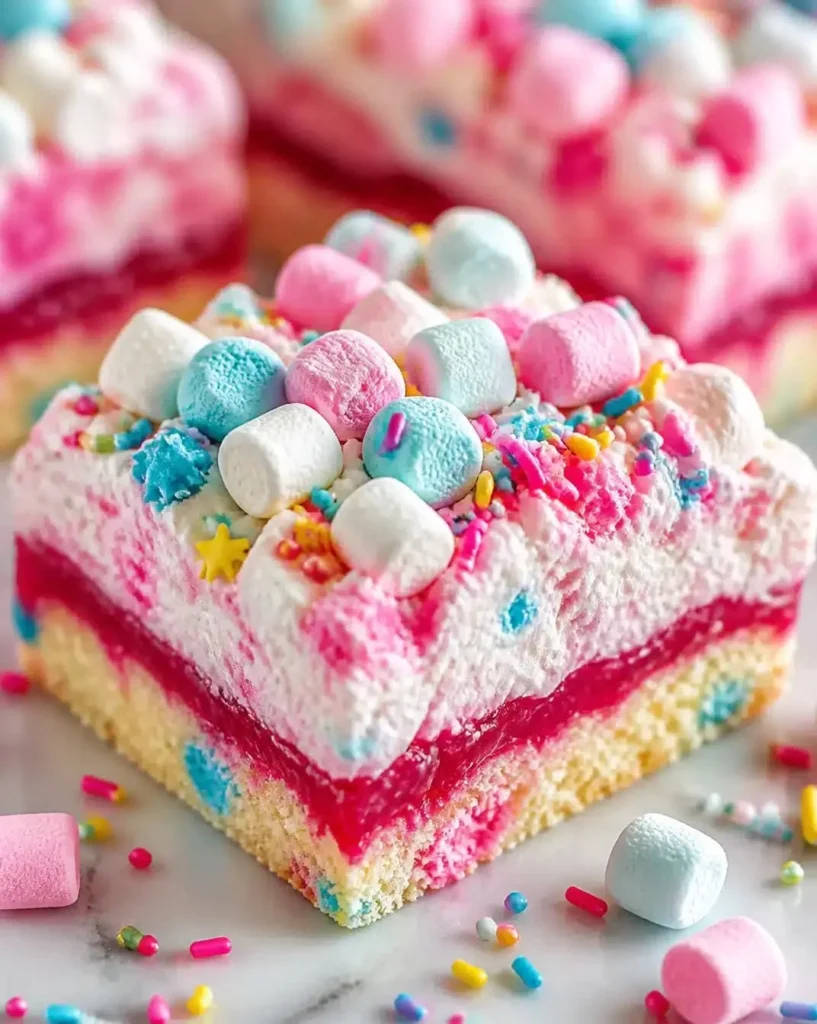 Delicious Bubblegum Cloud Dessert Bars topped with colorful sprinkles.