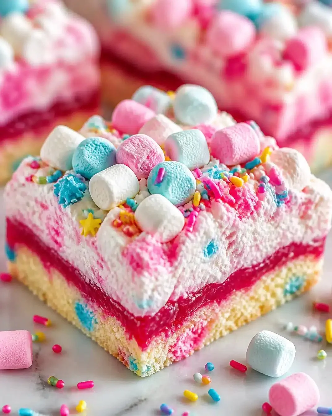 Delicious Bubblegum Cloud Dessert Bars topped with colorful sprinkles.
