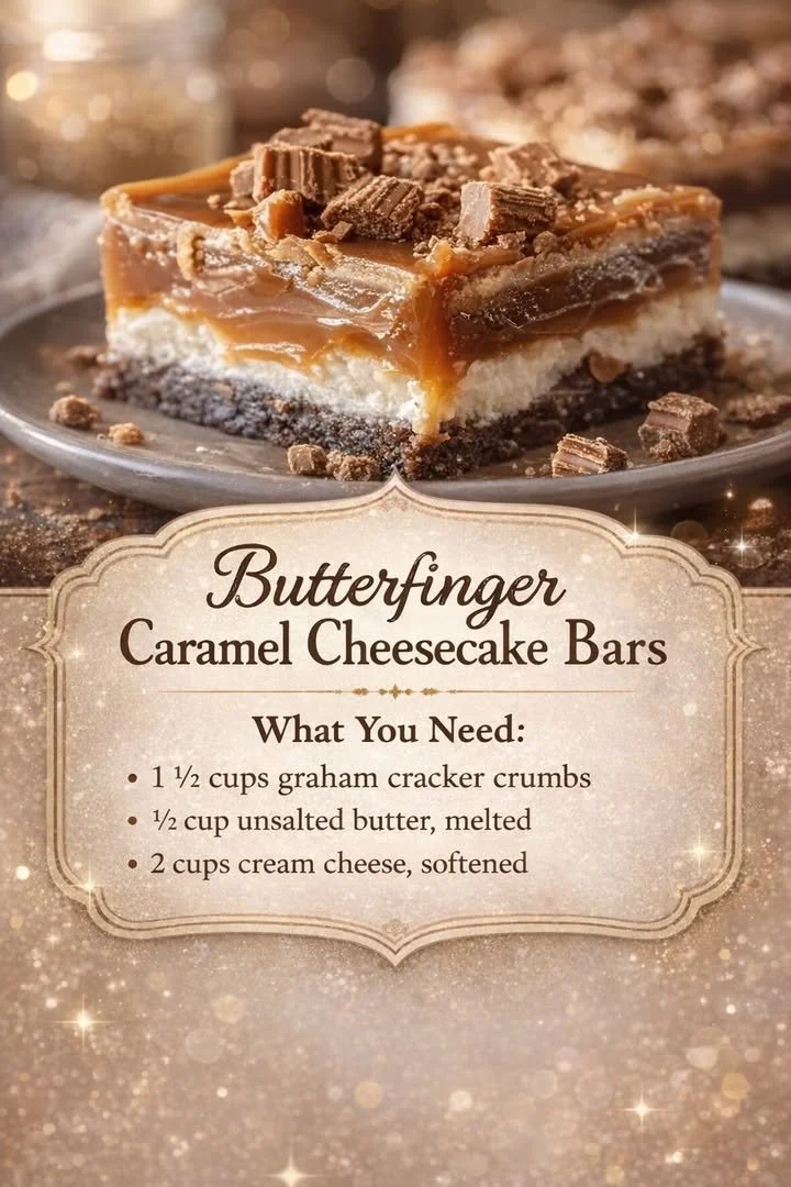 Butterfinger Caramel Cheesecake Bars 1 Butterfinger caramel cheesecake bars topped with chocolate and caramel drizzle.