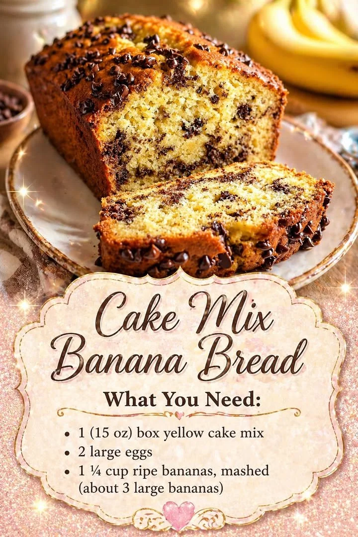 Delicious slice of cake mix banana bread on a plate with ripe bananas