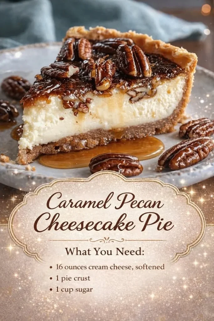 Slice of Caramel Pecan Cheesecake Pie topped with nuts and caramel drizzle