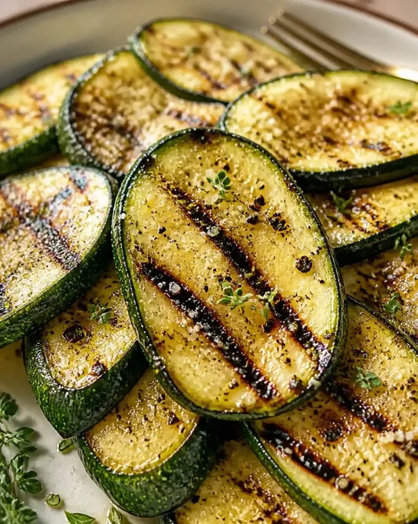 Grilled zucchini slices with charred marks on the grill