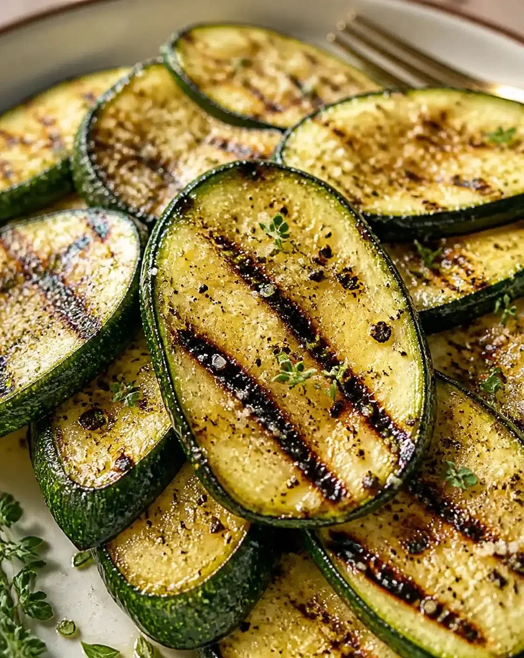 Charred Zucchini on the Grill 1 Grilled zucchini slices with charred marks on the grill