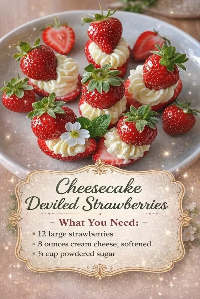 Cheesecake deviled strawberries topped with whipped cream and graham cracker crust.