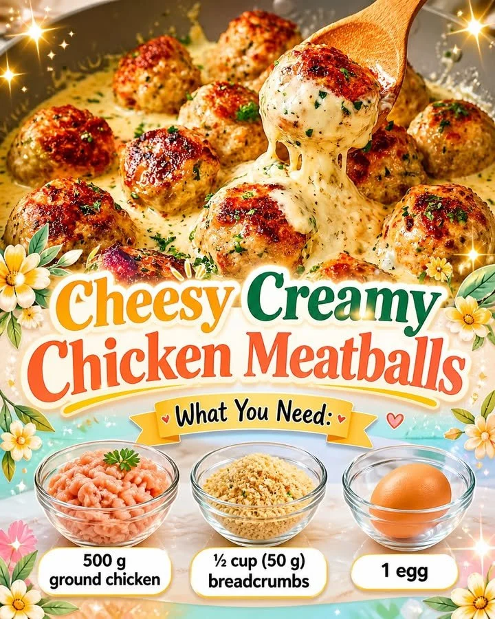 Cheesy creamy chicken meatballs served on a plate with herbs and sauce