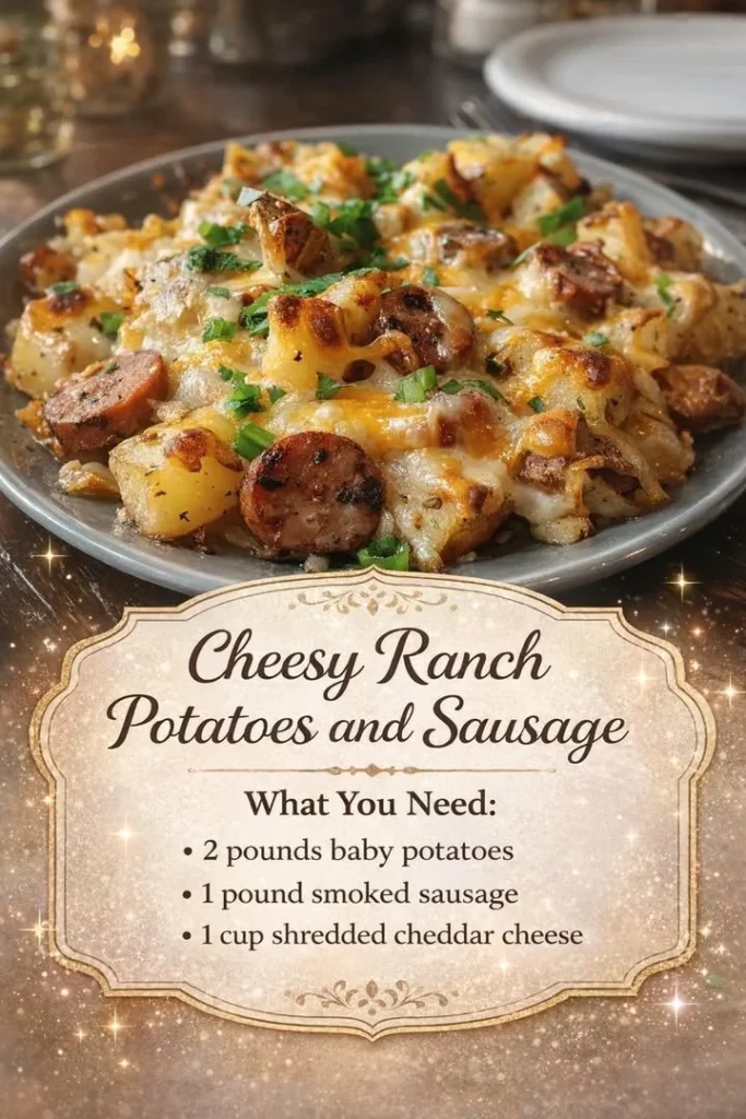 Cheesy Ranch Potatoes and Sausage served in a bowl, garnished with herbs.