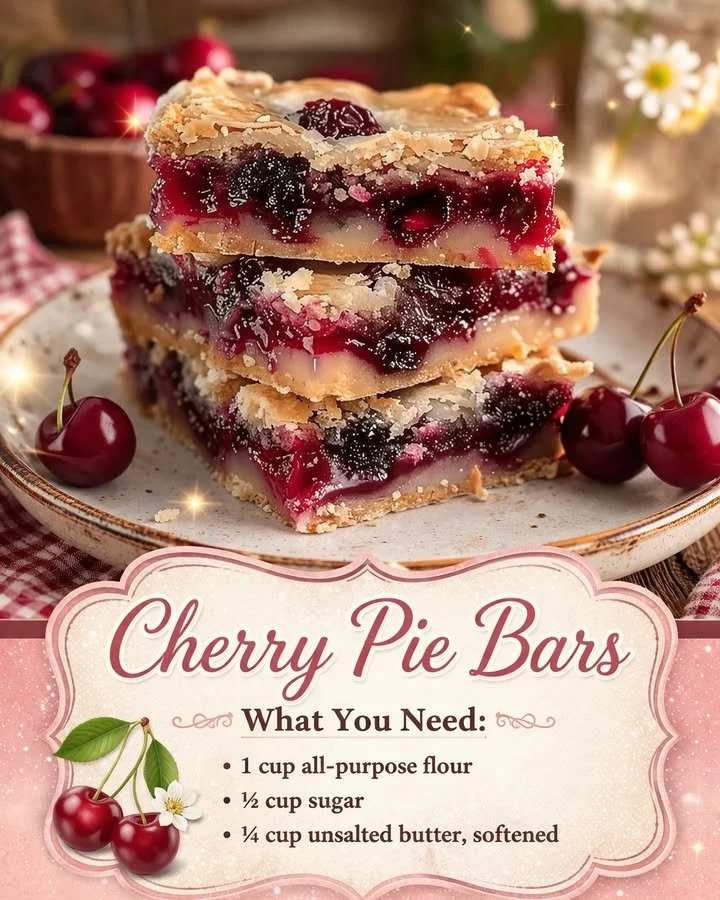 Cherry Pie Bars 1 Delicious cherry pie bars topped with fresh cherry filling and a crumbly crust.