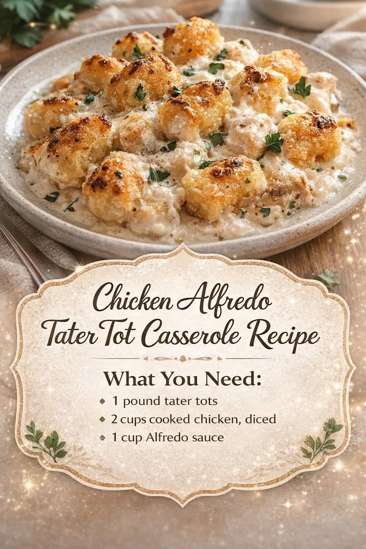 Chicken Alfredo Tater Tot Casserole 1 Creamy Chicken Alfredo Tater Tot Casserole topped with cheese and herbs