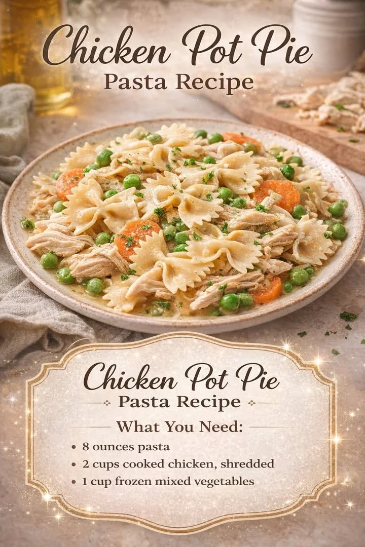 Delicious Chicken Pot Pie Pasta topped with herbs and veggies in a creamy sauce