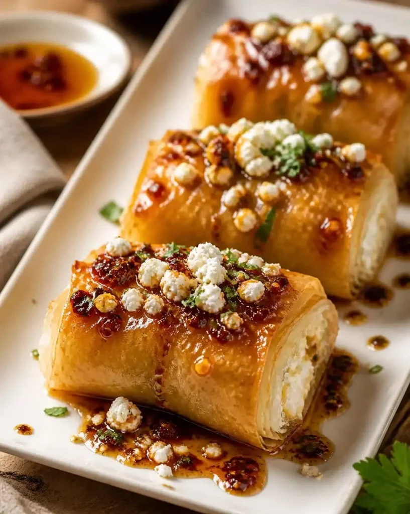Chili Honey Feta Rolls with drizzled honey and spices, perfect appetizer.