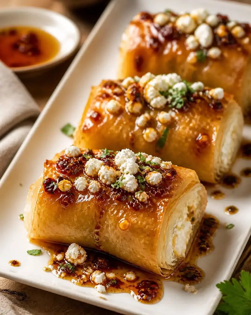 Chili Honey Feta Rolls 1 Chili Honey Feta Rolls with drizzled honey and spices, perfect appetizer.