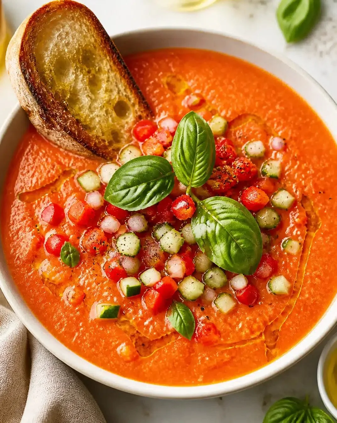 Bowl of chilled gazpacho garnished with fresh herbs and vegetables