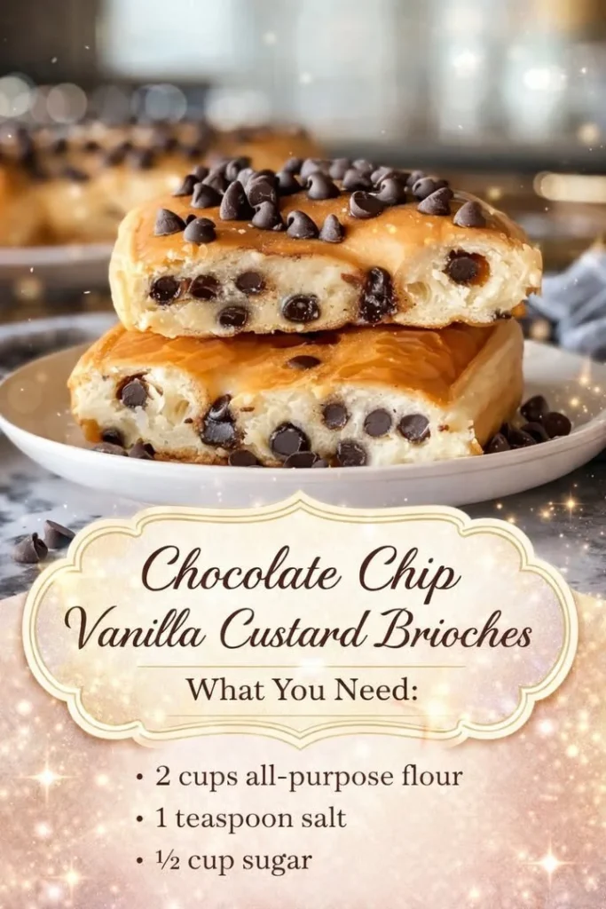 Chocolate chip brioches with vanilla custard filling, a delicious pastry treat.