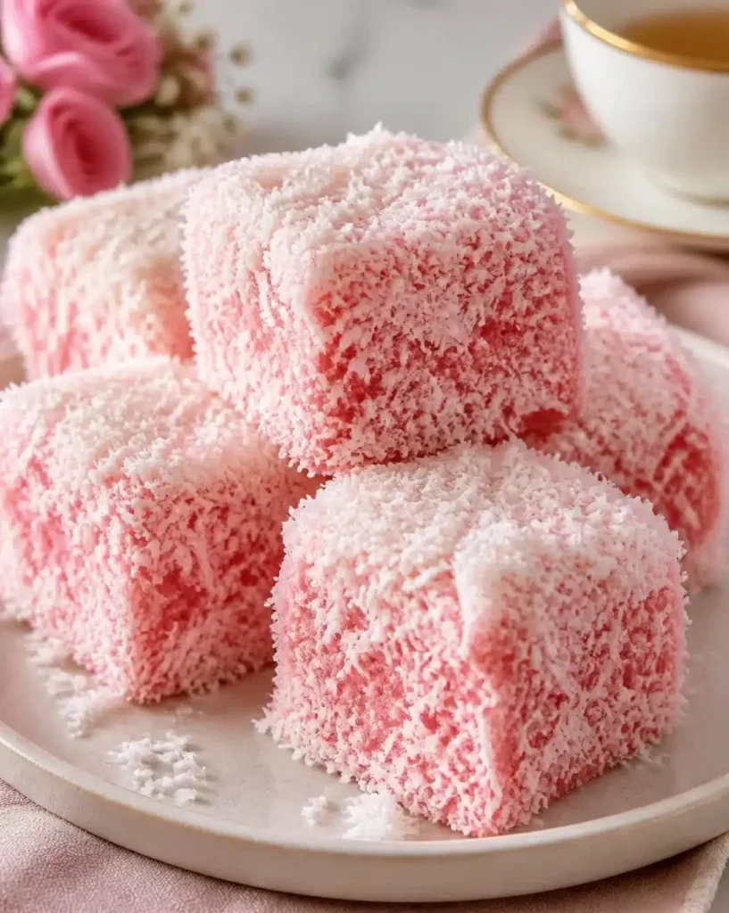 Classic Australian pink coconut cakes with coconut topping and vibrant pink icing.
