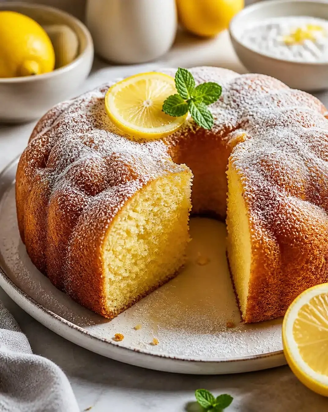 Sliced Classic Italian Lemon Cake garnished with fresh lemon slices and mint.