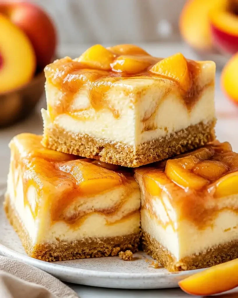Cobbler-style peach cheesecake bars with fresh peaches and a creamy topping