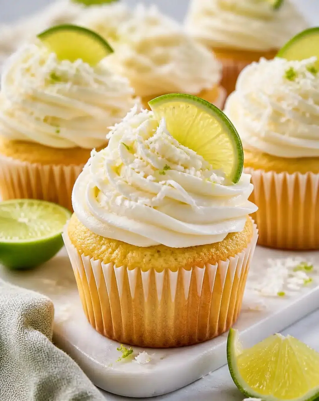 Coconut and Lime Buttercream Cupcakes decorated with lime zest and coconut flakes