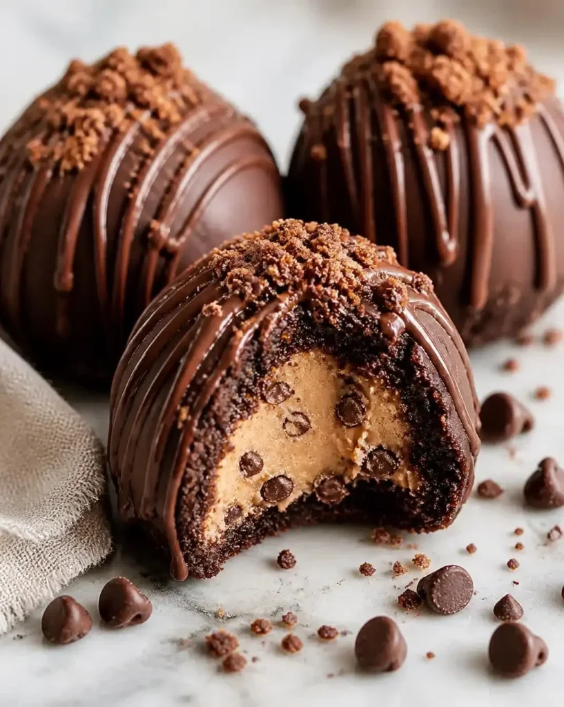Cookie dough-stuffed brownie bombs ready to enjoy, a delicious dessert treat.