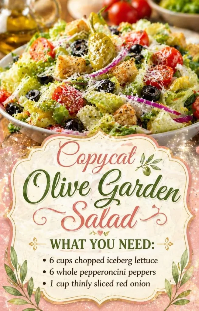 A bowl of fresh Copycat Olive Garden Salad with greens, olives, and dressing