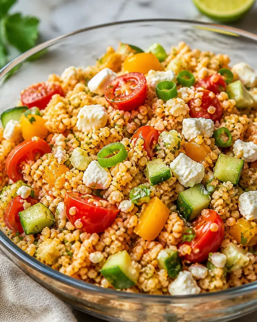 Delicious Couscous Salad with feta cheese and fresh vegetables