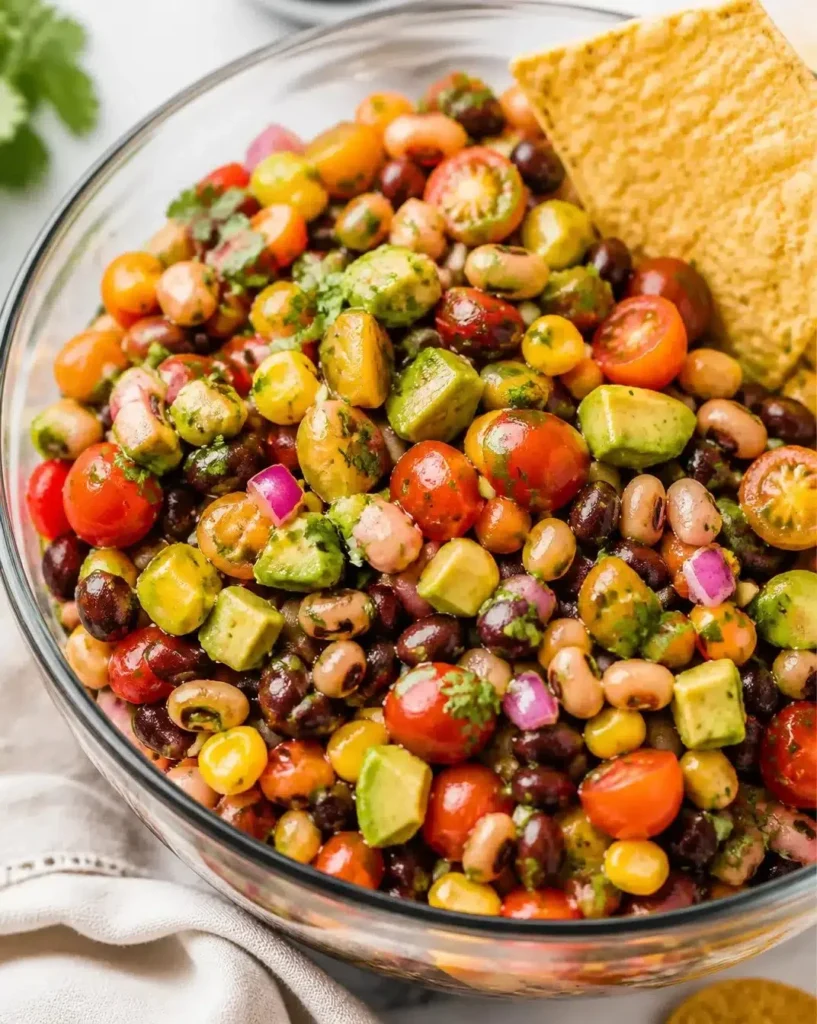 A colorful bowl of Cowboy Caviar brimming with beans, corn, and veggies.
