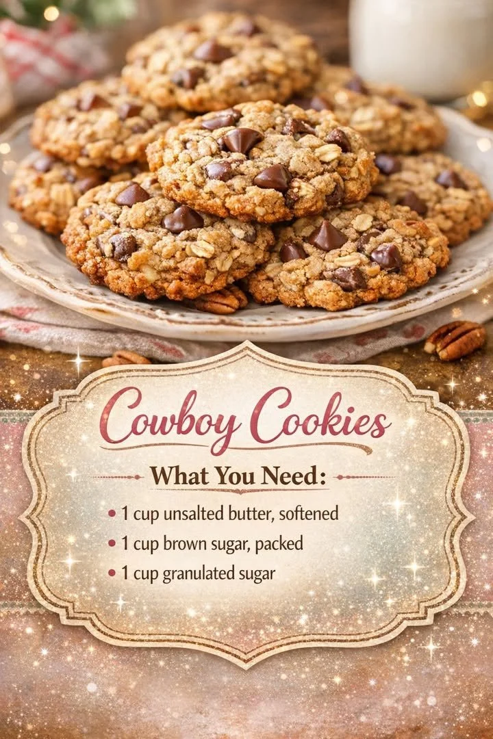 A plate of delicious homemade Cowboy Cookies with oats, chocolate, and nuts.