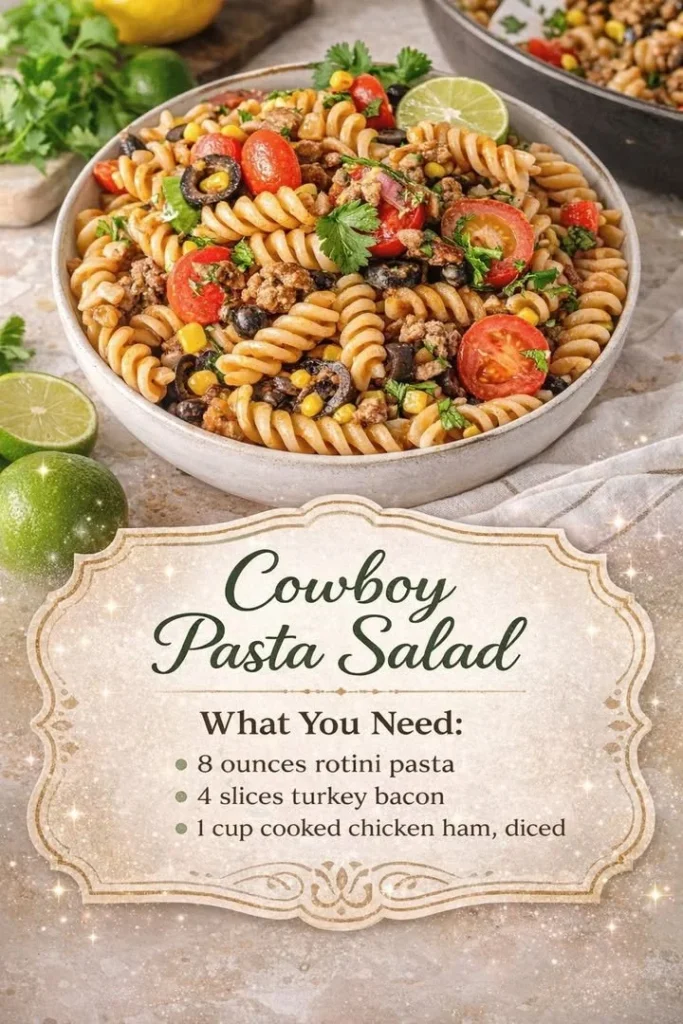 Delicious Cowboy Pasta Salad with vegetables and dressing