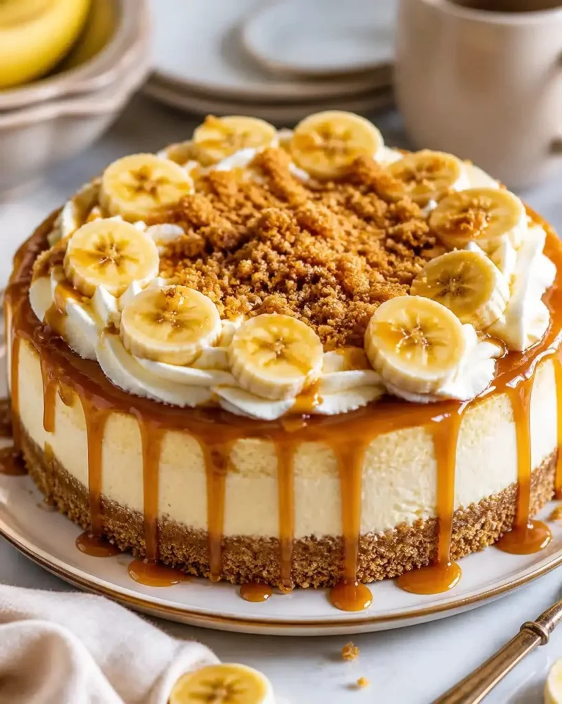 Deliciously creamy banana custard cheesecake slice on a plate