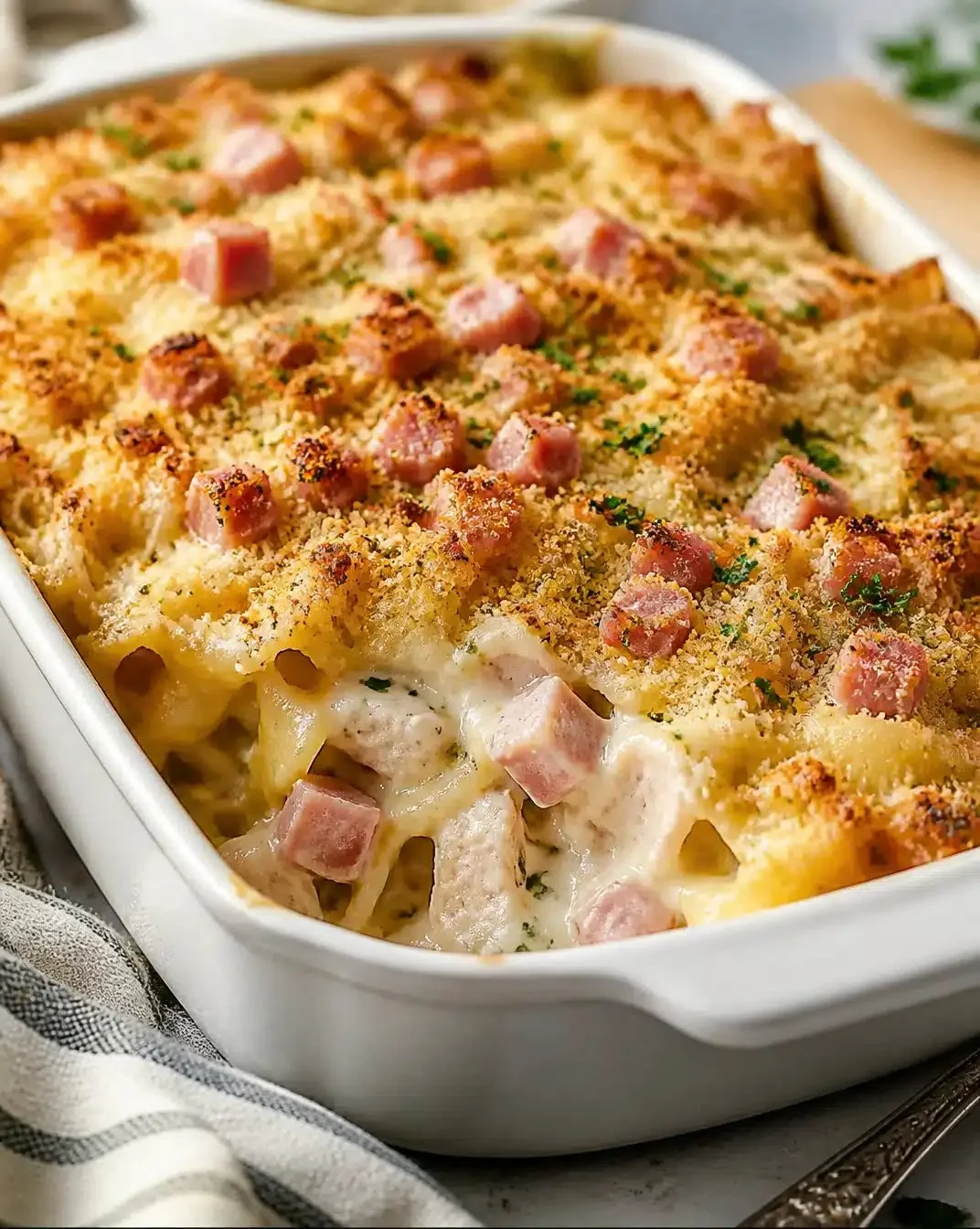 Creamy chicken cordon bleu bake with melted cheese and crispy topping