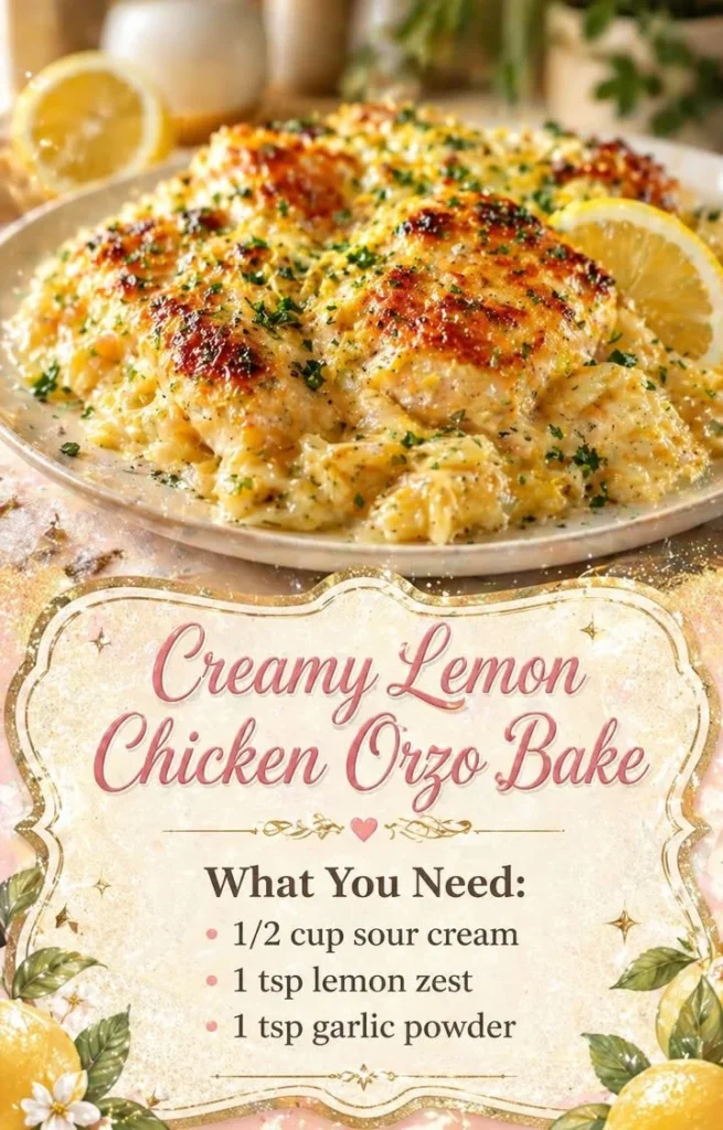 Creamy lemon chicken orzo bake fresh from the oven with herbs and vegetables.