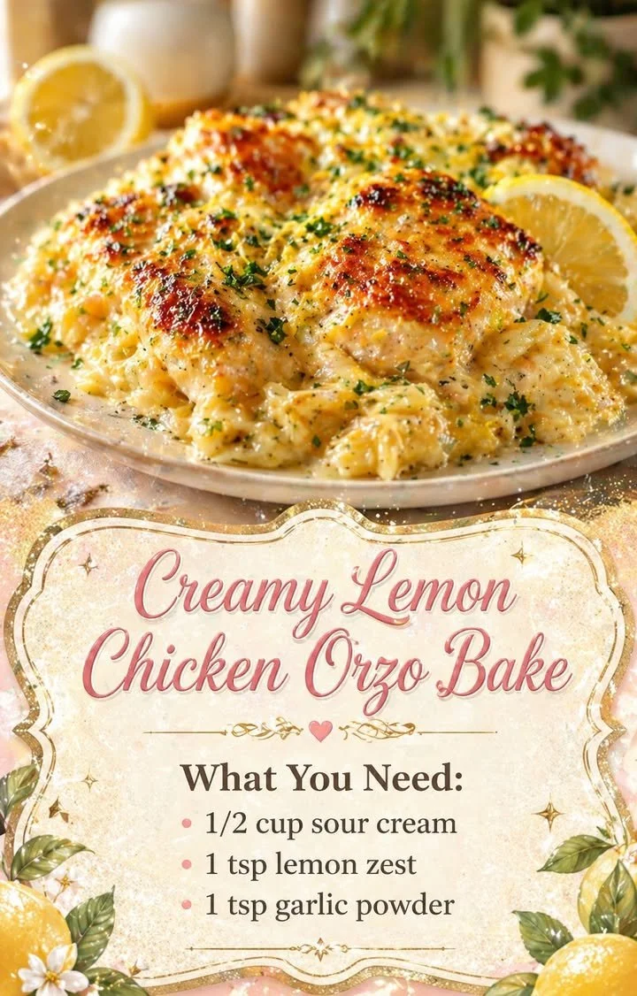 Creamy Lemon Chicken Orzo Bake 1 Creamy lemon chicken orzo bake fresh from the oven with herbs and vegetables.