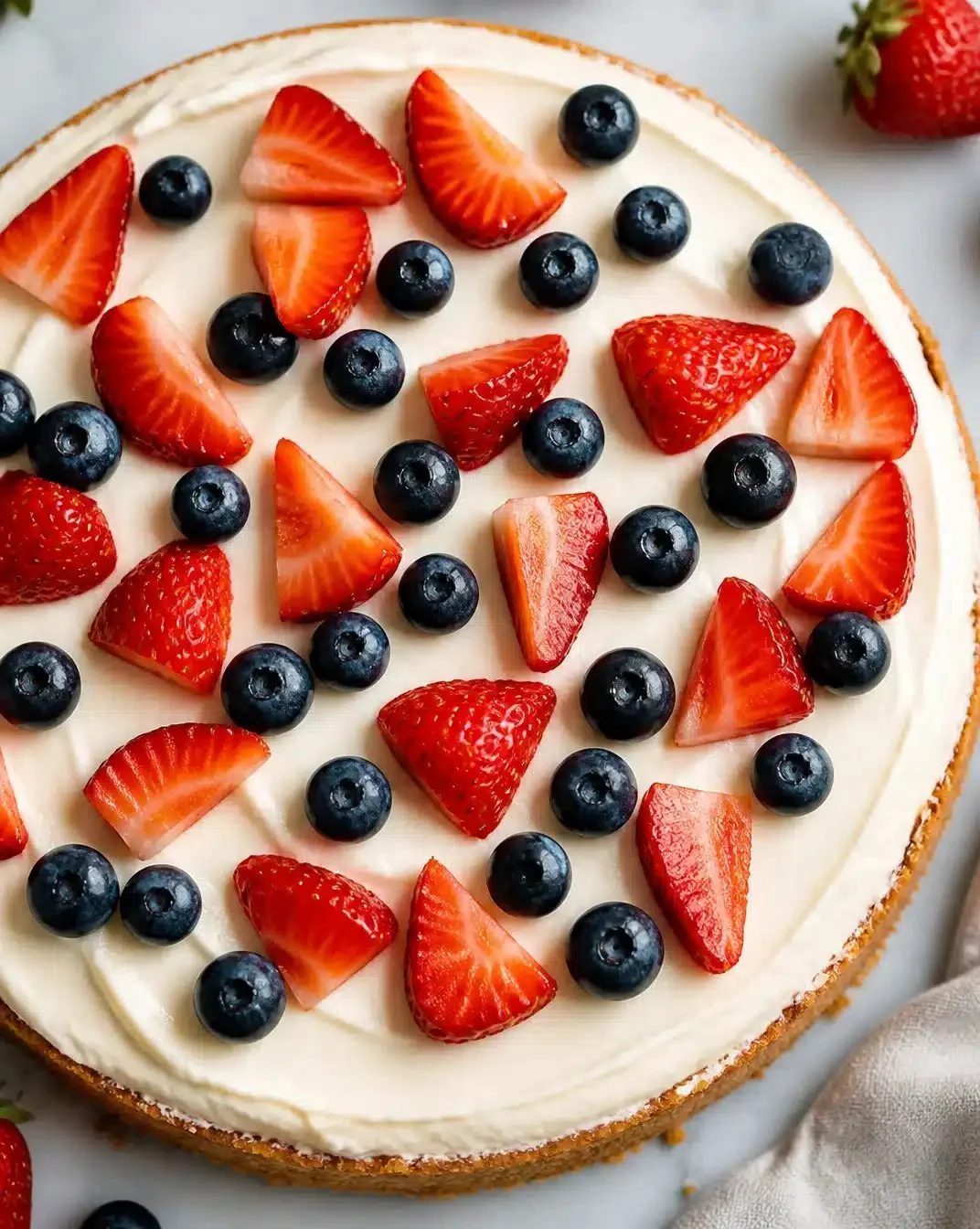 Creamy no-bake cheesecake topped with fresh berries on a white plate