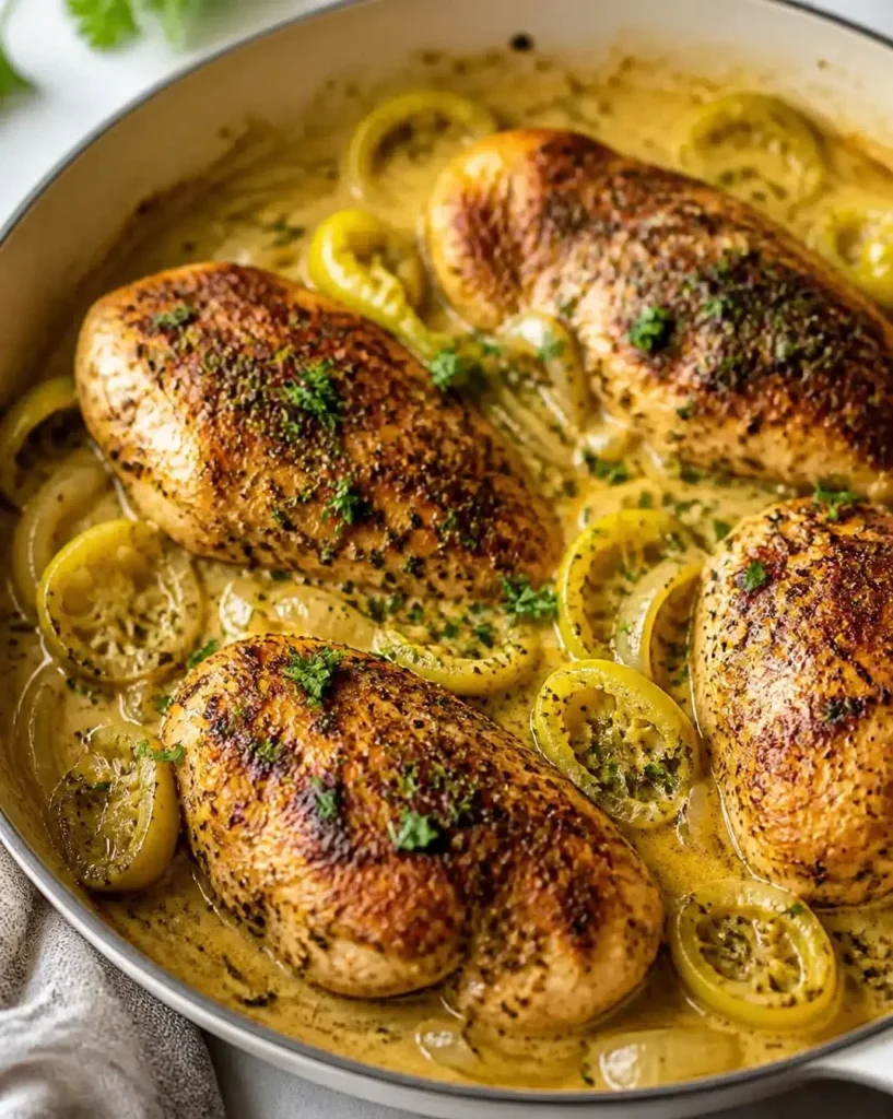 Creamy Pepperoncini Chicken Skillet dish with peppers and garnish