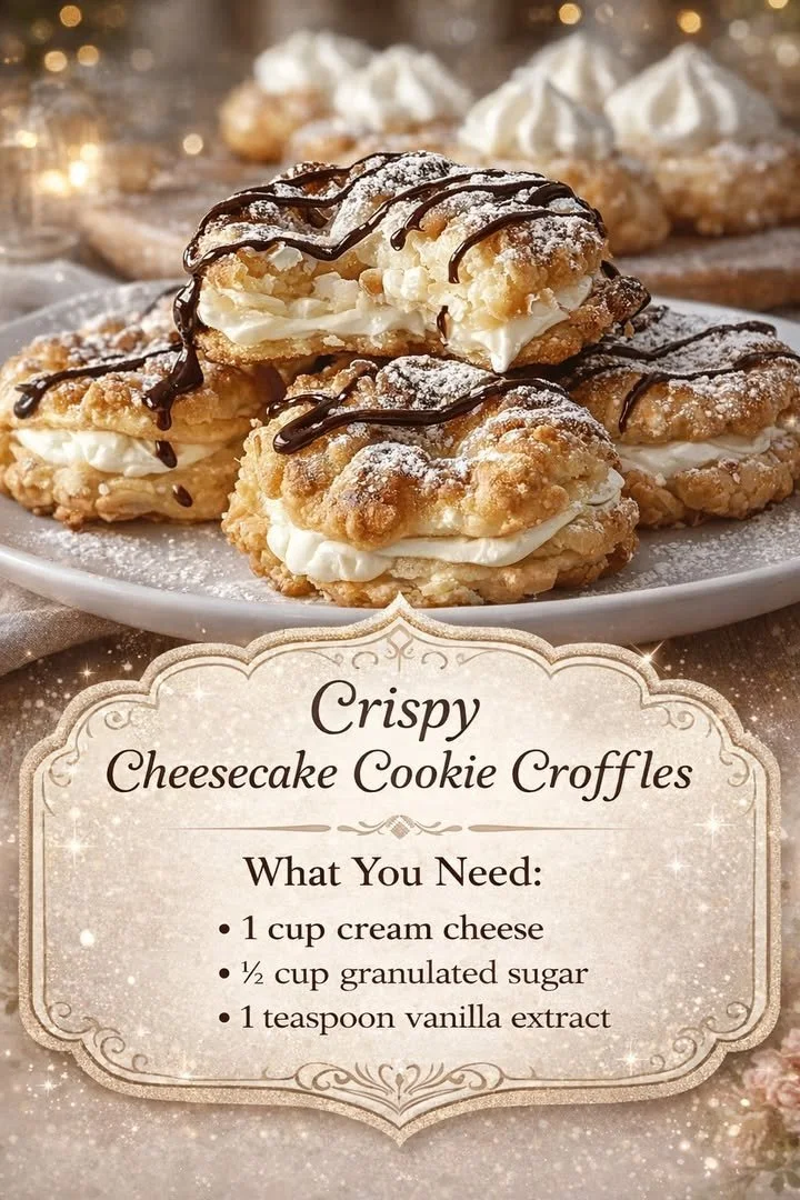 Crispy Cheesecake Cookie Croffles 1 Crispy cheesecake cookie croffles served with a drizzle of chocolate