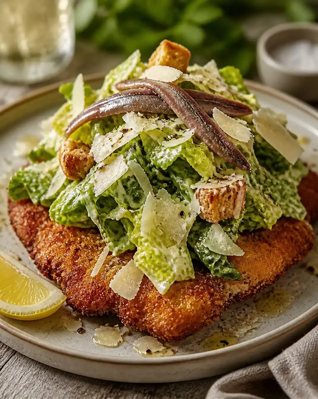 Crispy chicken cutlet Caesar salad topped with fresh greens and dressing