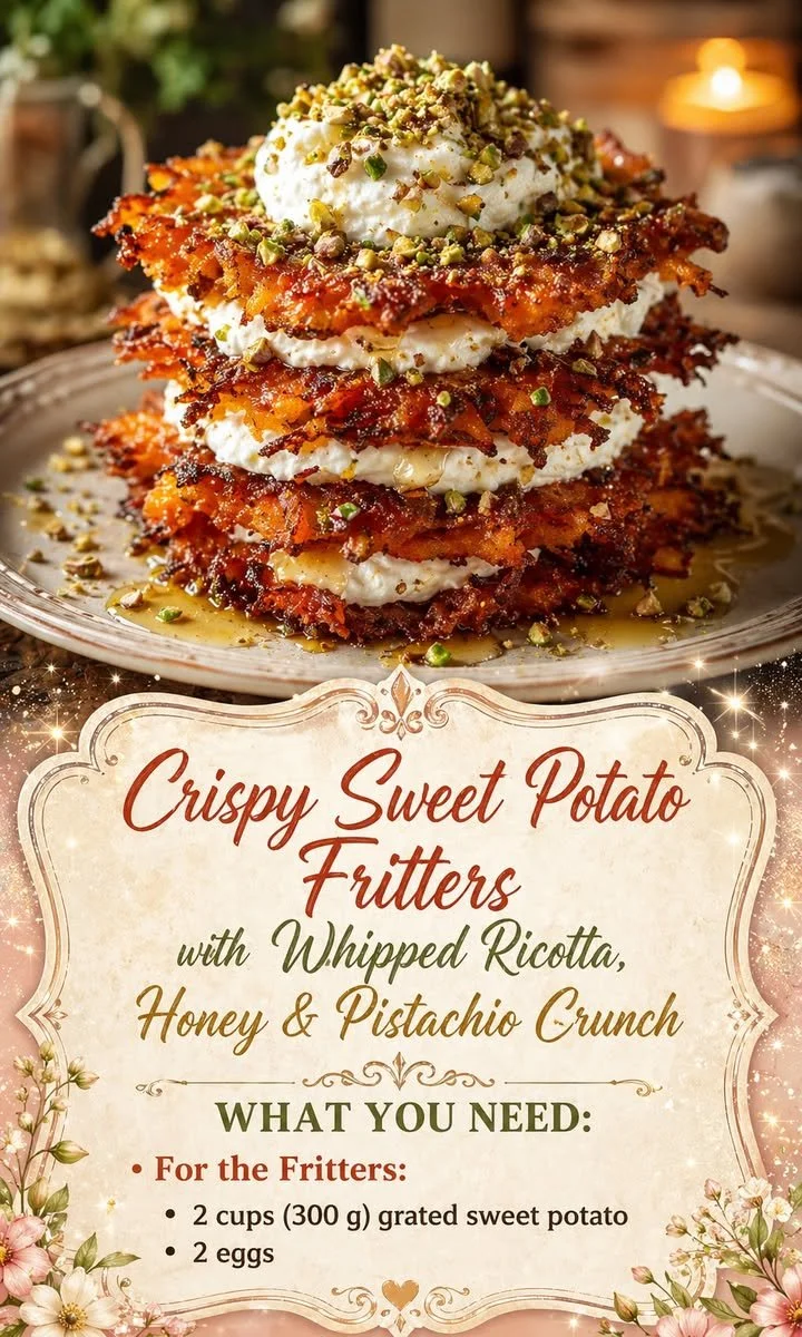 Crispy Sweet Potato Fritters with Whipped Ricotta, Honey & Pistachio Crunch 1 Crispy sweet potato fritters topped with whipped ricotta and pistachio crunch