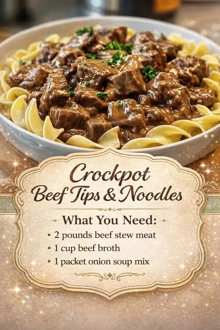 Crockpot Beef Tips & Noodles 1 Crockpot beef tips served over noodles, garnished with herbs.