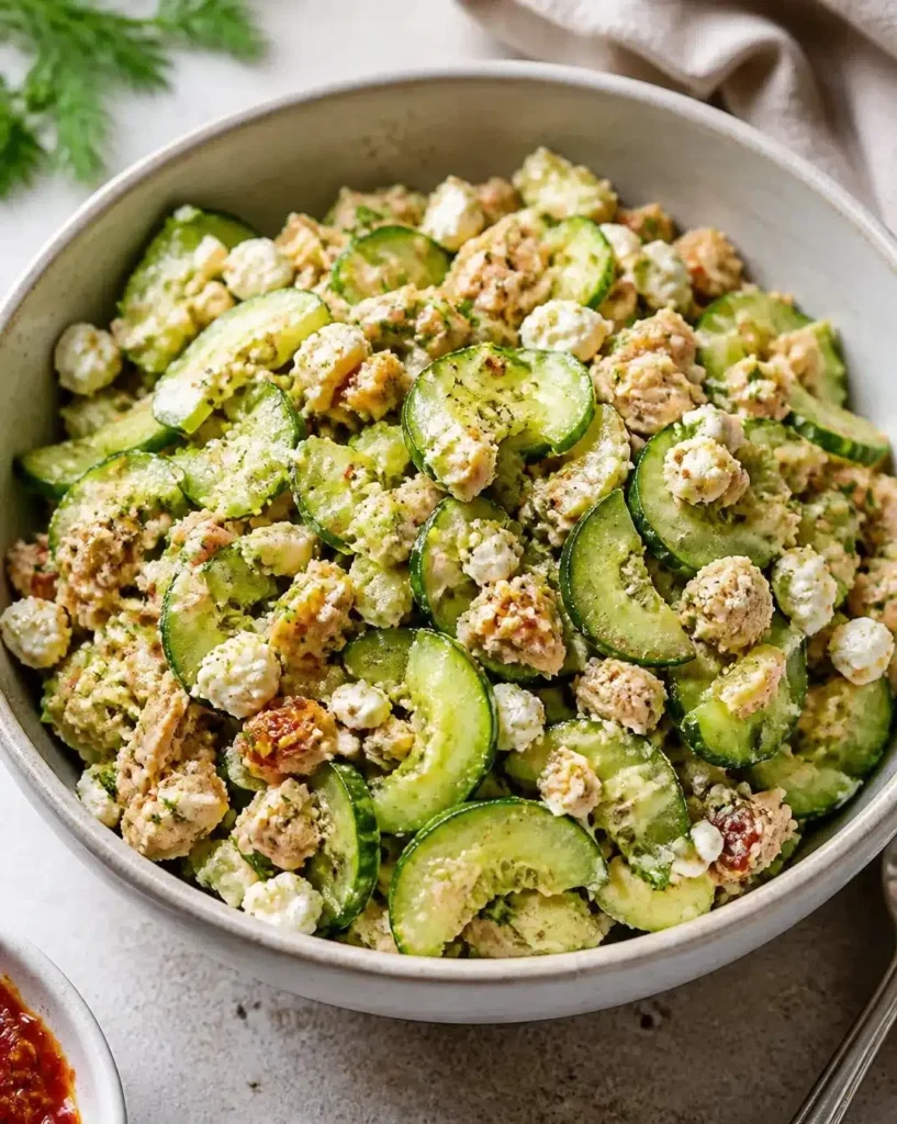 Fresh cucumber salad with herbs and dressing served in a bowl